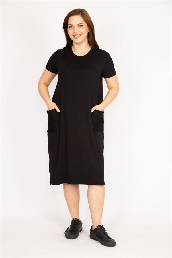 Kadın Lacivert Büyük Beden Cebi File Detaylı Kısa Kollu Viskon Elbise