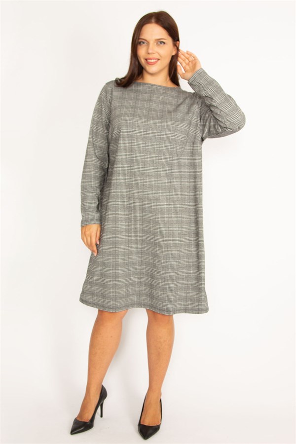 Kadın Gri Ekose Desenli Yan Şerit Detaylı Elbise 65N34611