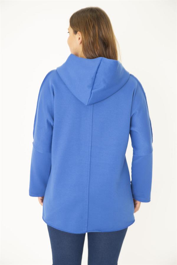 Kadın Büyük Beden Saks Ön Fermuar Ve Cepli Kapşonlu Kaşe Mont 65N36969