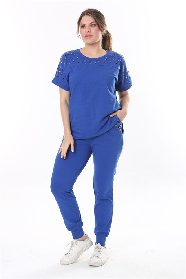 Kadın Büyük Beden Saks Taş Detaylı Kısa Kollu Sweatshirt Pantolon Takım 65N37702
