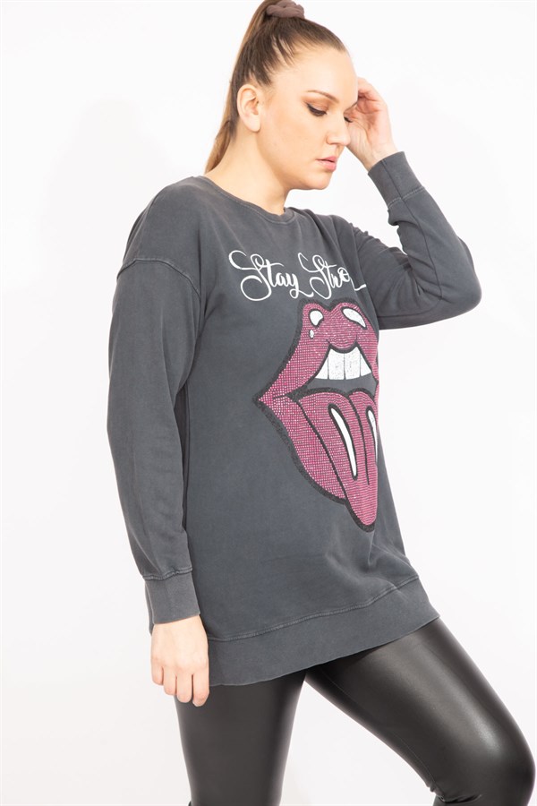 Kadın Füme Taş Detaylı Sweatshirt   65N35493