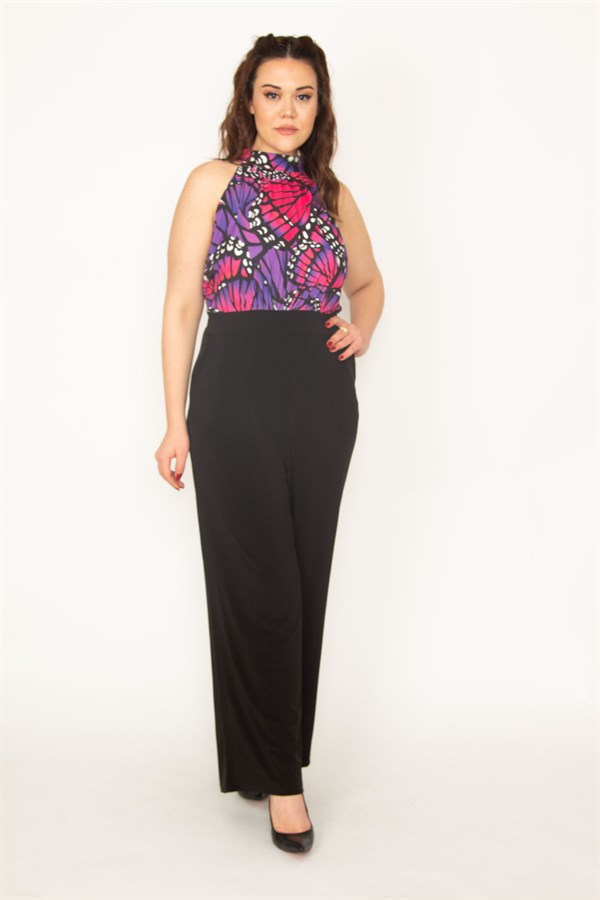 Kadın Siyah Halter Yaka Bluz Kısmı Desenli Cepli Tulum 65N32748