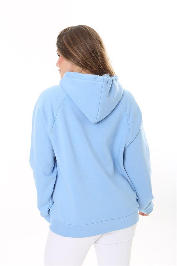 Kadın Büyük Beden Bebe Mavisi İçi Şardonlu 3 İplik Kumaş Kapşonlu Sweatshirt 65N37575