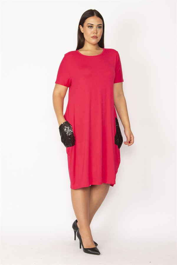 Kadın Fuşya Cebi Payet Detaylı Viskon Elbise 65N28966