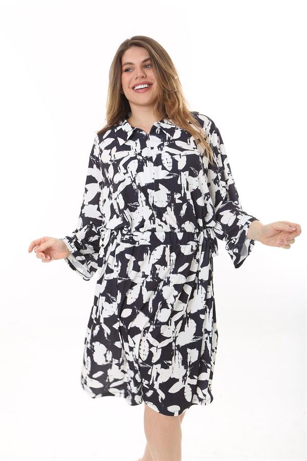 Kadın Büyük Beden Siyah Ön Pat Fermuarlı Beli Tünel Bağcıklı Kapri Kollu Elbise 65N37623