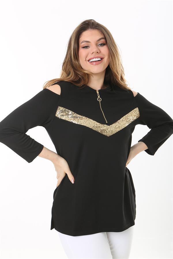 Kadın Büyük Beden Siyah Omuz Dekolteli Robası Fermuarlı Payet Detaylı Bluz 65N37509