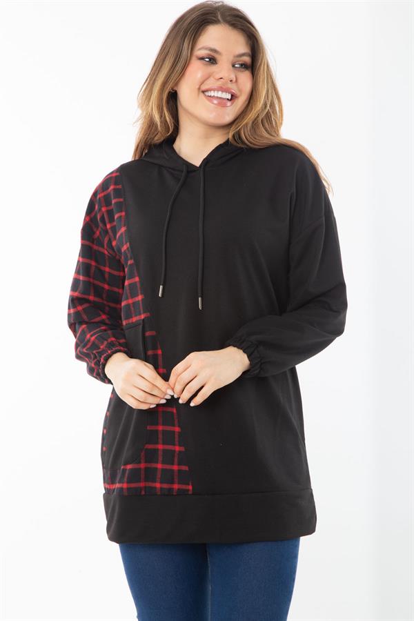 Kadın Büyük Beden Siyah Ekose Garnili Kapşonlu Sweatshirt 65N37289