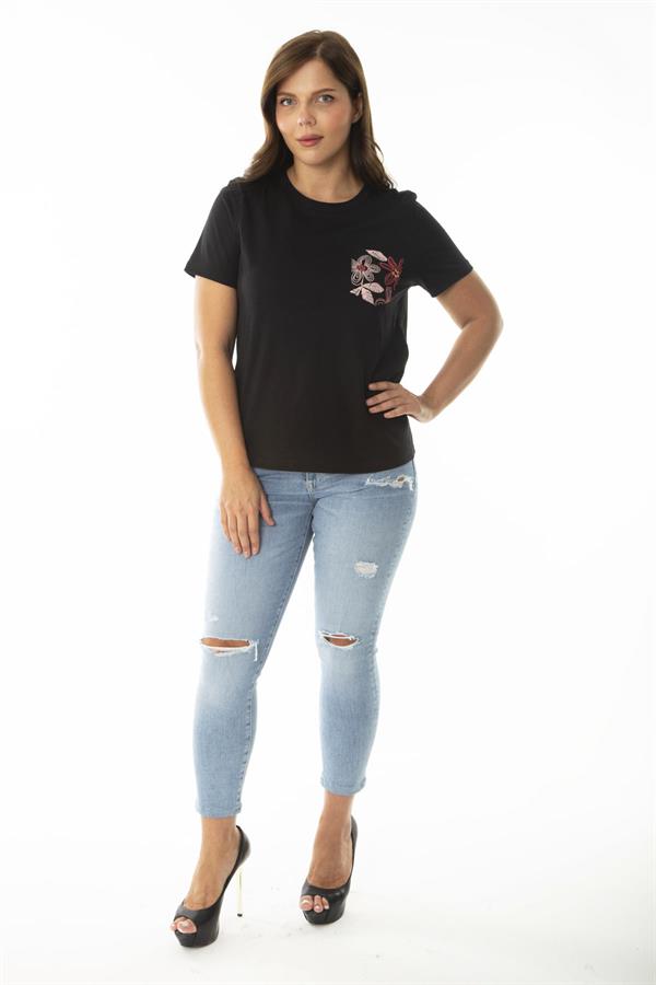 Kadın Büyük Beden Siyah Peto Cepli Kısa Kollu Bluz 65N36947