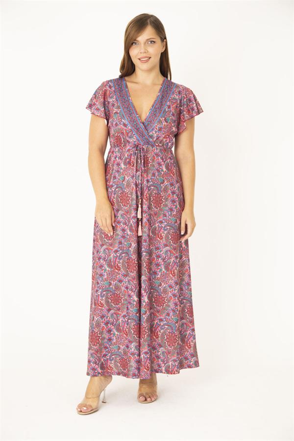 Kadın Büyük Beden Renkli Anvelop Yakalı Bel Bağcıklı Elbise 65N36878