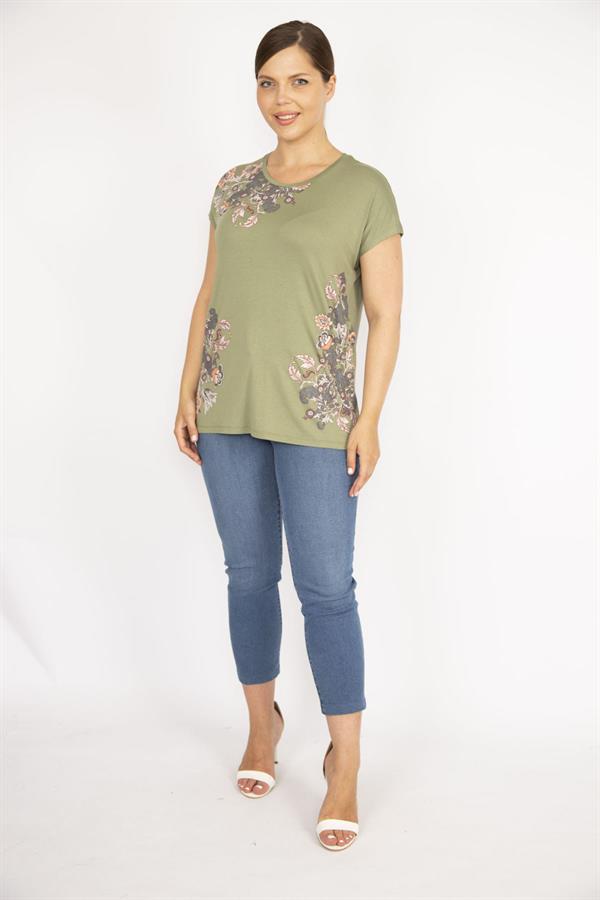 Kadın Haki Büyük Beden Bisiklet Yakalı Ön Baskılı Kısa Kol Bluz