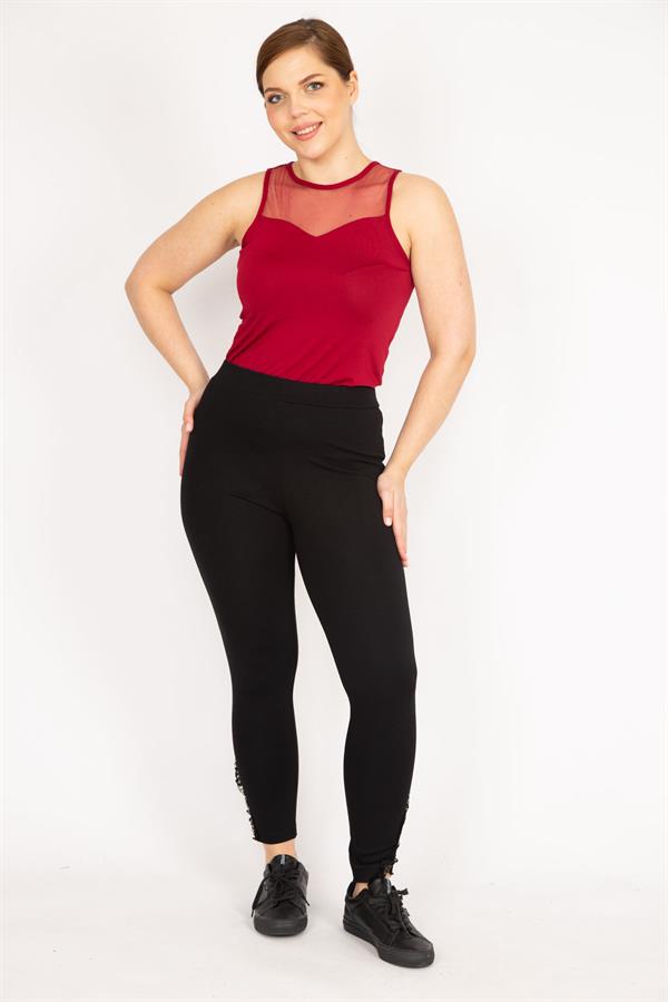 Kadın Siyah Büyük Beden Paçası Dantel Detaylı Toparlayıcı Tayt Pantolon