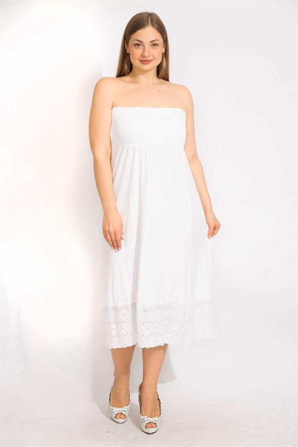 Kadın Kemik Göğüs Kısmı Geniş Gipe Lastikli Etek Ucu Dantel Detaylı Straplez Elbise 65N35680