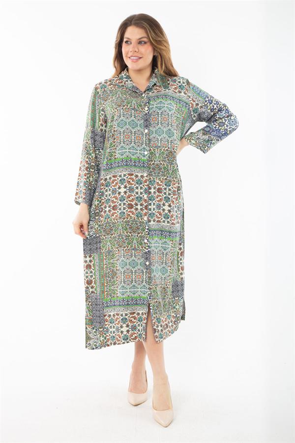 Kadın Büyük Beden Renkli Dokuma Viskon Kumaş Ön Düğmeli Elbise 65N37351