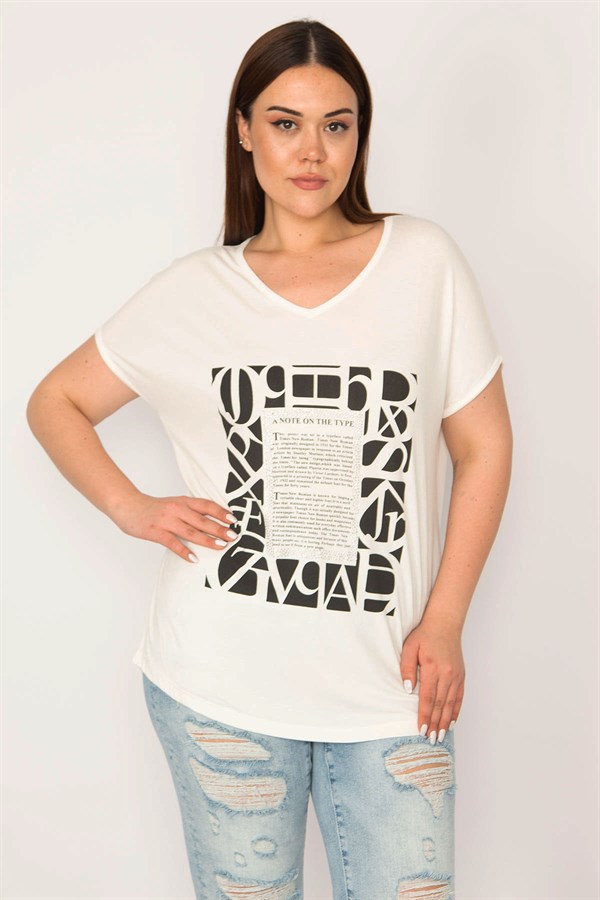 KADIN KEMİK V YAKALI ÖNÜ BASKI VE TAŞ DETAYLI KISA KOLLU BLUZ