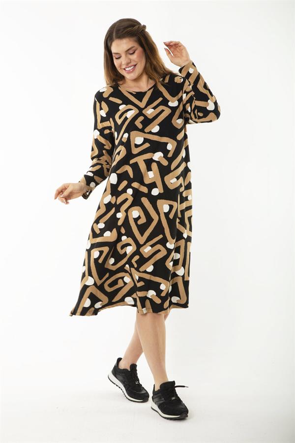 Kadın Büyük Beden Renkli Uzun Kollu Desenli Elbise 65N37189