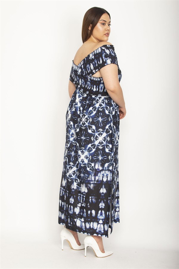 Kadın Fuşya Yakası Geniş Gipe Lastikli Yan Yırtmaçlı Uzun Elbise 65N26897