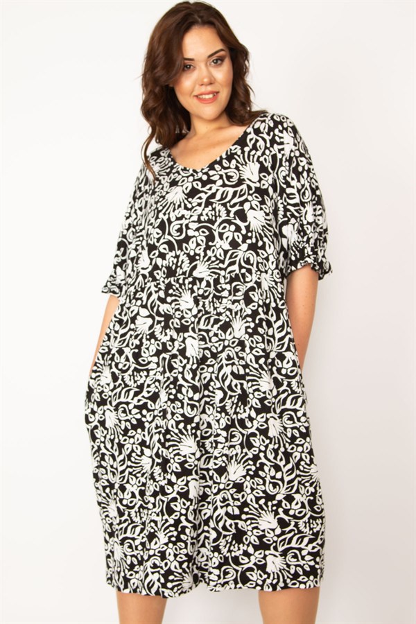 Kadın Siyah V Yaka Bel Ve Kol Ağzı Gipe Lastikli Cepli Rahat Kesim Elbise 65N33461