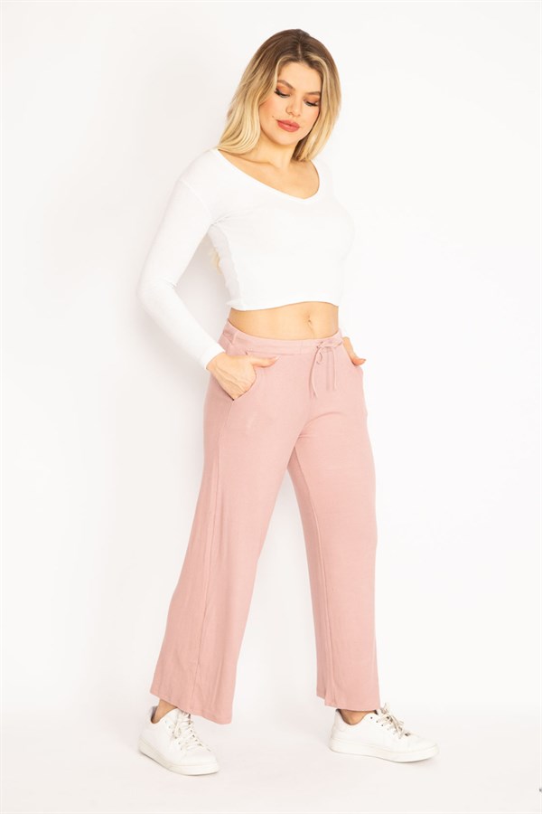 Kadın Bebe Mavisi Kendinden Çizgili Bel Bağcıklı Pantolon 65N35103