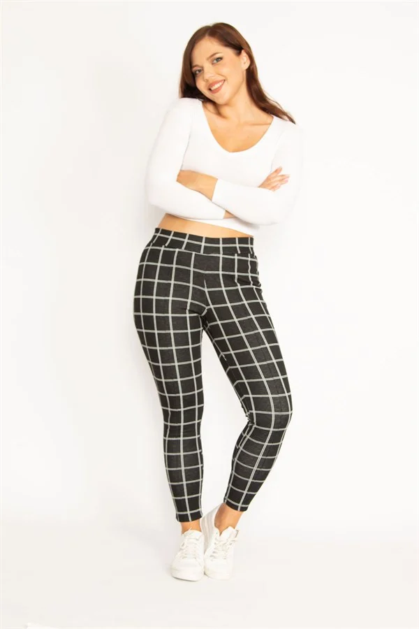 Kadın Siyah Ekose Desen Ütü İzi Çima Dikişli Tayt 65N34811