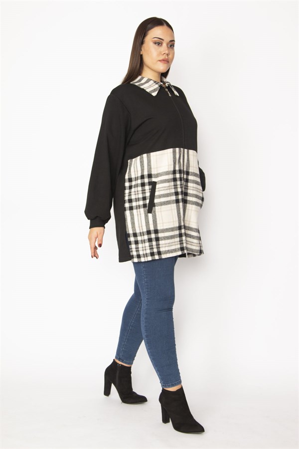 Kadın Bej Ekose Desen Detaylı Fermuarlı Cepli Mont 65N29569