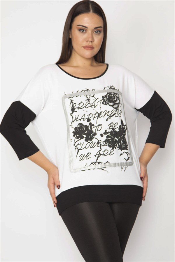 Kadın Beyaz Önü Baskı Ve Taş Detaylı İki Renkli Tunik 65N29337