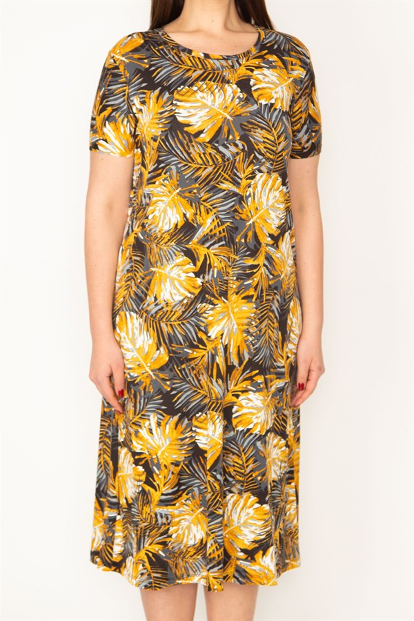 KADIN RENKLİ ÇİÇEK DESENLİ KISA KOL VİSKON ELBİSE