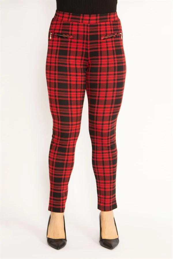 Kadın Kırmızı Ekose Desenli Süs Fermuar Cepli Tayt 65N34640