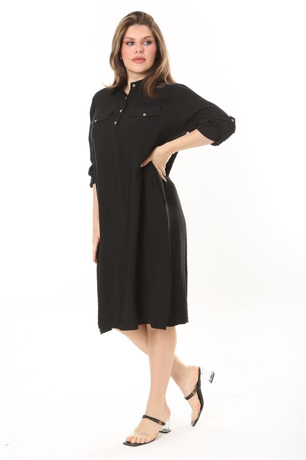 Kadın Büyük Beden Nar Ön Pat Düğmeli Süs Göğüs Cepli Kol Boyu Ayarlı Elbise 65N37871