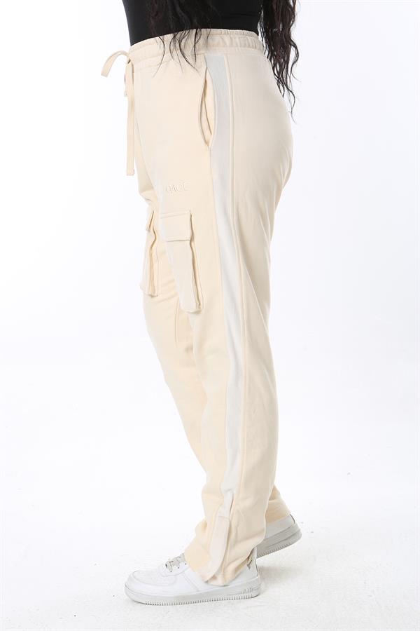 Kadın Büyük Beden Bej Cep Ve Yan Paça Çıtçıt Düğme Detaylı Spor Pantolon 65N38676