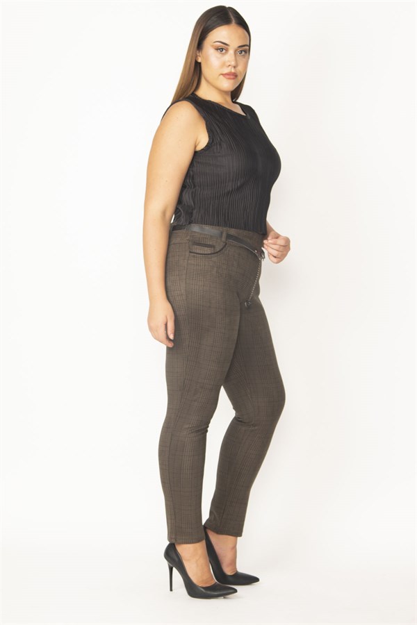 Kadın Haki Ekose Desenli Kemer Aksesuarlı Pantolon 65N28637