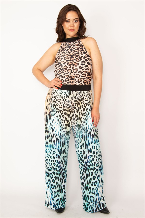 Kadın Renkli Halter Yaka Geniş Paçalı Tulum 65N33573