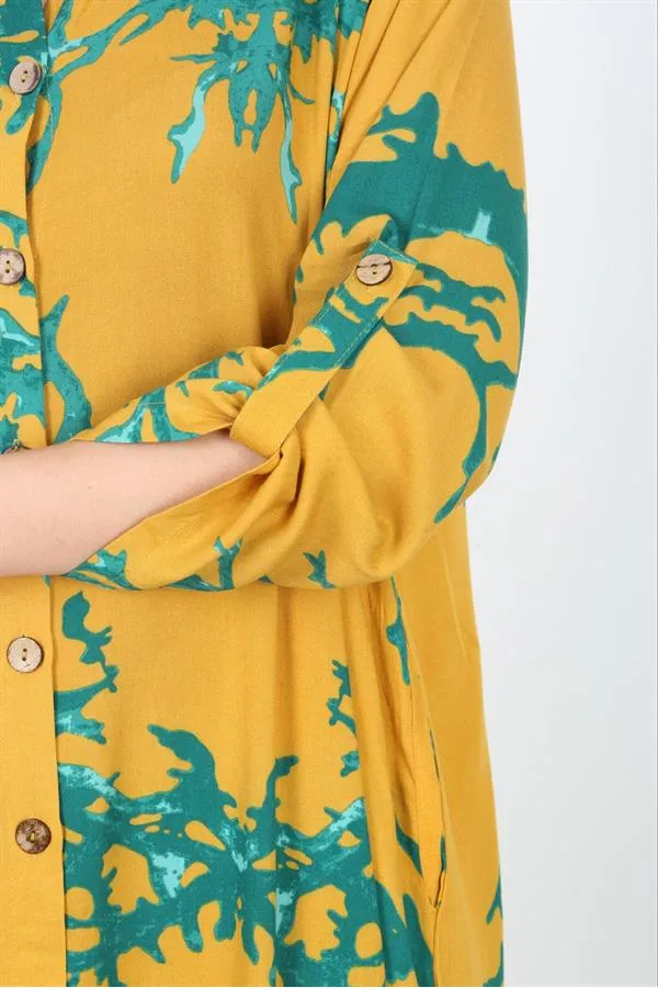 Kadın Büyük Beden Mavi Ön Boy Düğmeli Gömlek Yakalı Uzun Elbise 65N37875