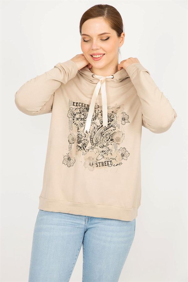 Kadın Vizon Büyük Beden Kapşonlu Baskı Ve Taş Detaylı Sweatshirt
