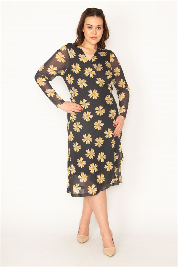 KADIN SİYAH KOLLARI TÜL BEDENİ ASTARLI KUŞAK BAĞLAMALI ÖNÜ AÇIK ANVELOP ELBİSE