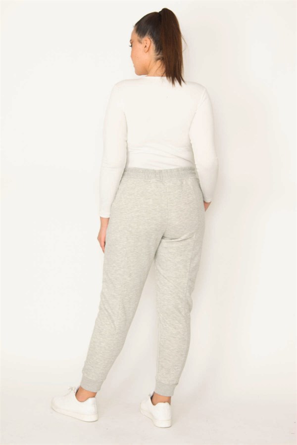 Kadın Gri Cebi Nakış Detaylı Paça Ribanalı Bel Lastik Ve Bağcıklı Spor Pantolon 65N31257