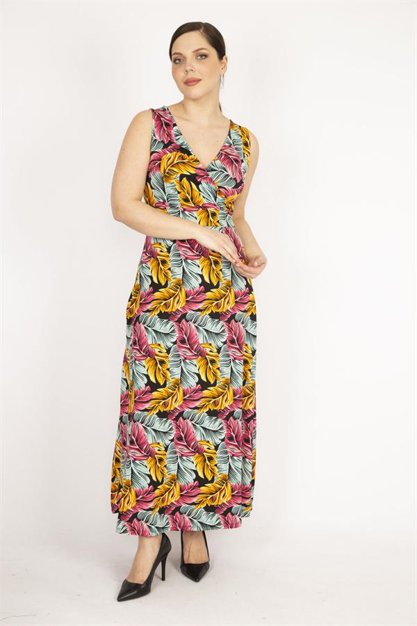 Kadın Renkli Büyük Beden Anvelop Yakalı Renkli Uzun Elbise