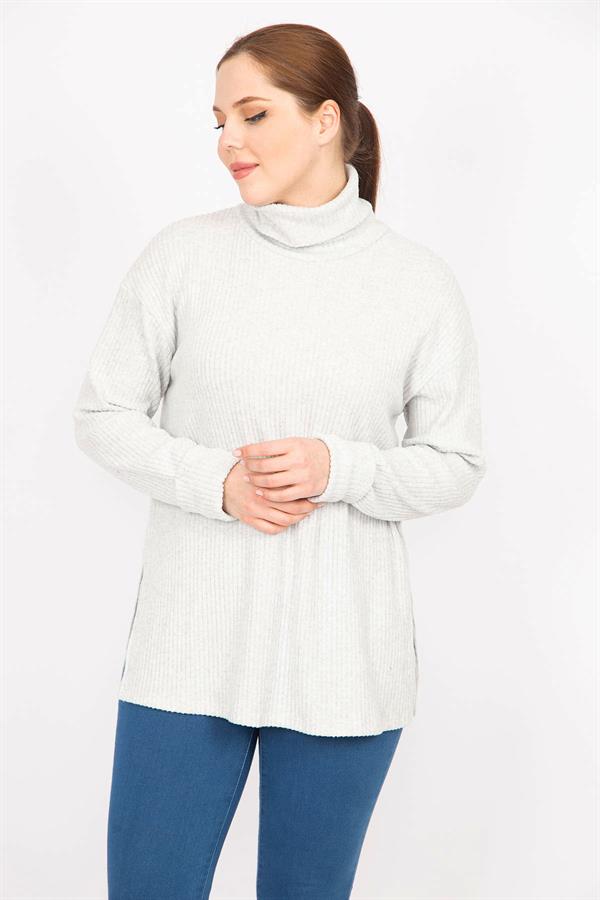 Kadın Gri Büyük Beden Boğazlı Yaka Yumoş Kumaş Kendinden Çizgili Tunik