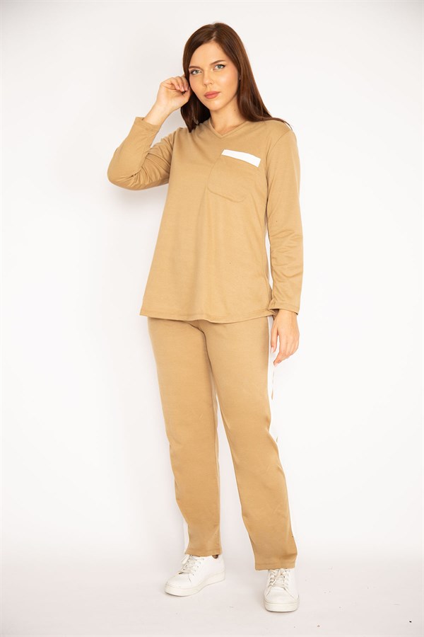 Kadın Camel V Yakallı Bluz Pantolon Takım 65N34658