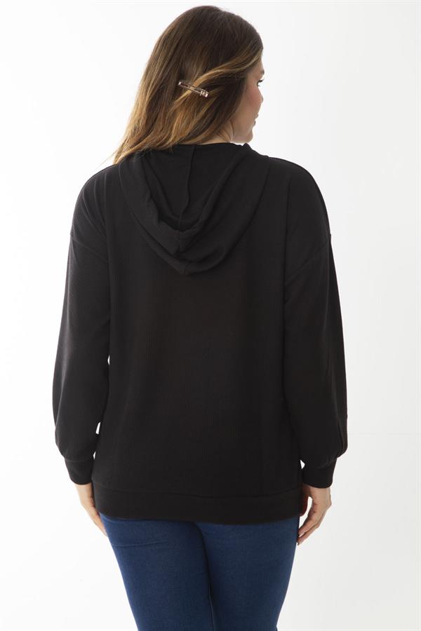 Kadın Büyük Beden Siyah Aplike Dantel Ve Kapşon Detaylı Kanguru Cepli Sweatshirt 65N37015