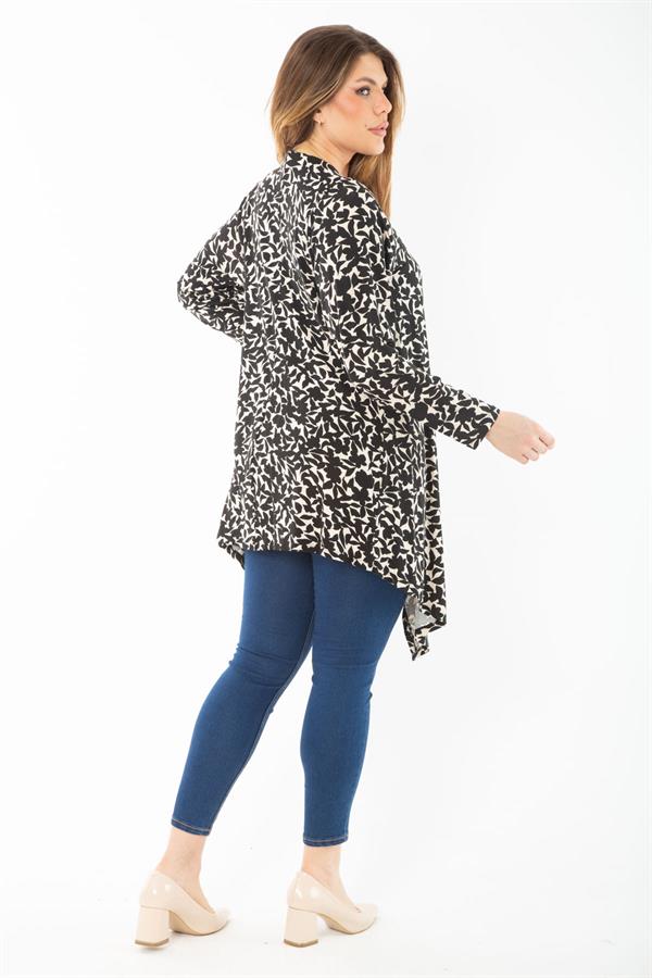 Kadın Büyük Beden Siyah Uzun Kollu Desenli Viskon Hırka 65N37429