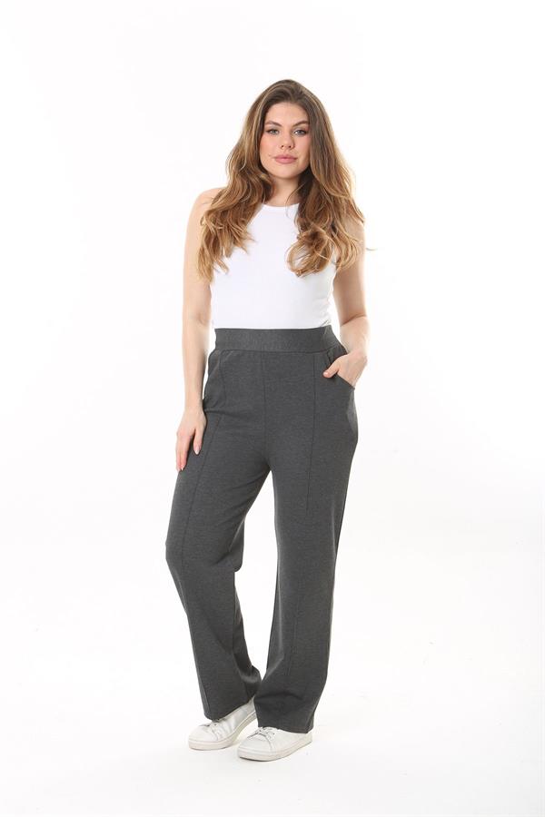 Kadın Büyük Beden Füme Ütü İzi Çima Dikişli Likralı Yan Cepli Pantolon 65N37564