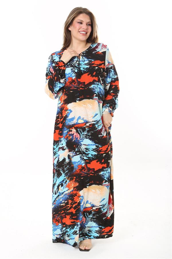 Kadın Büyük Beden Mavi Yaka Bağcıklı Uzun Kollu Maksi Boy Elbise 65N37869