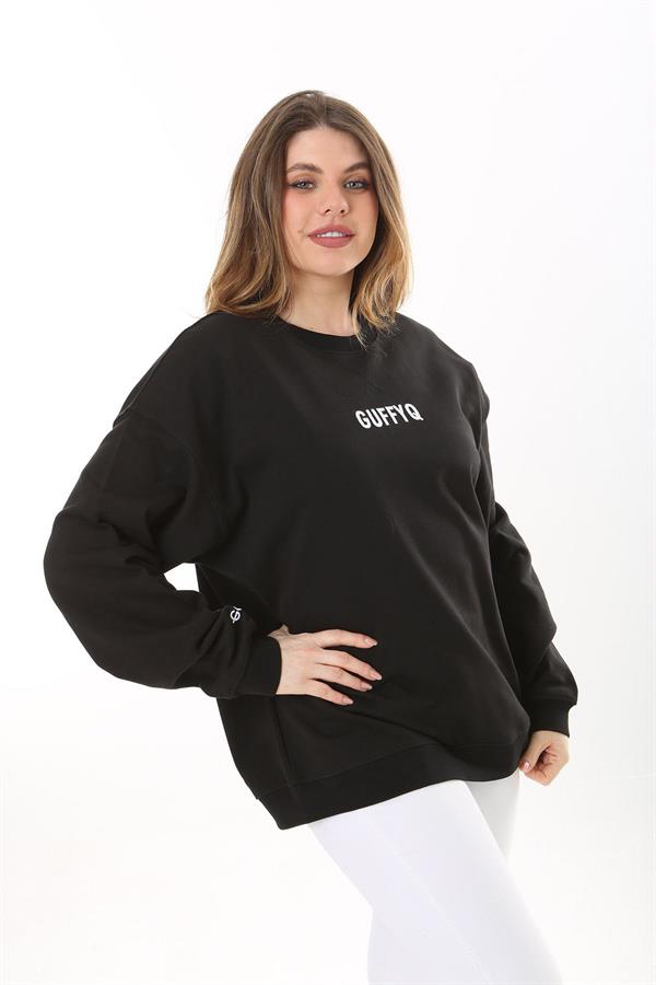 Kadın Büyük Beden Siyah Pamuk Kumaş Nakış Yazılı Sweatshirt 65N37616