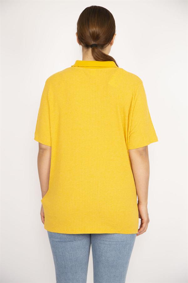 Kadın Hardal Büyük Beden Polo Yaka Ön Pat Düğmeli Kaşkorse Kumaş Kısa Kollu Bluz