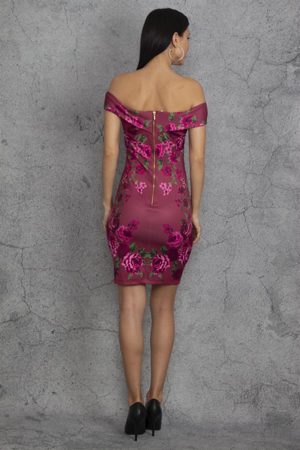 KADIN BORDO OMUZ DETAYLI ÇİÇEK DESENLİ ELBİSE