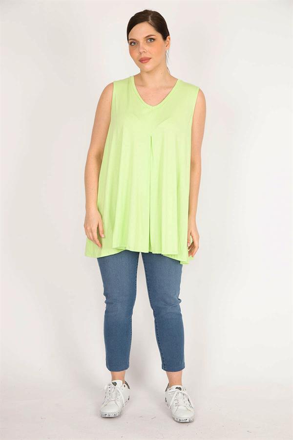 Kadın Fujya Büyük Beden Önü A Pileli V Yakalı Kolsuz Tunik