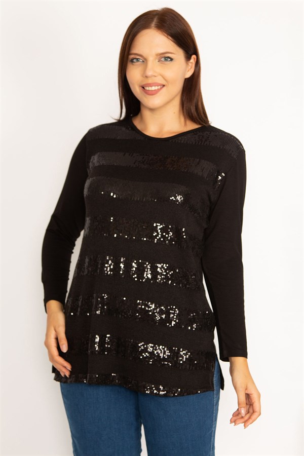 Kadın Siyah Önü Payet Detaylı Uzun Kollu Bluz 65N34724