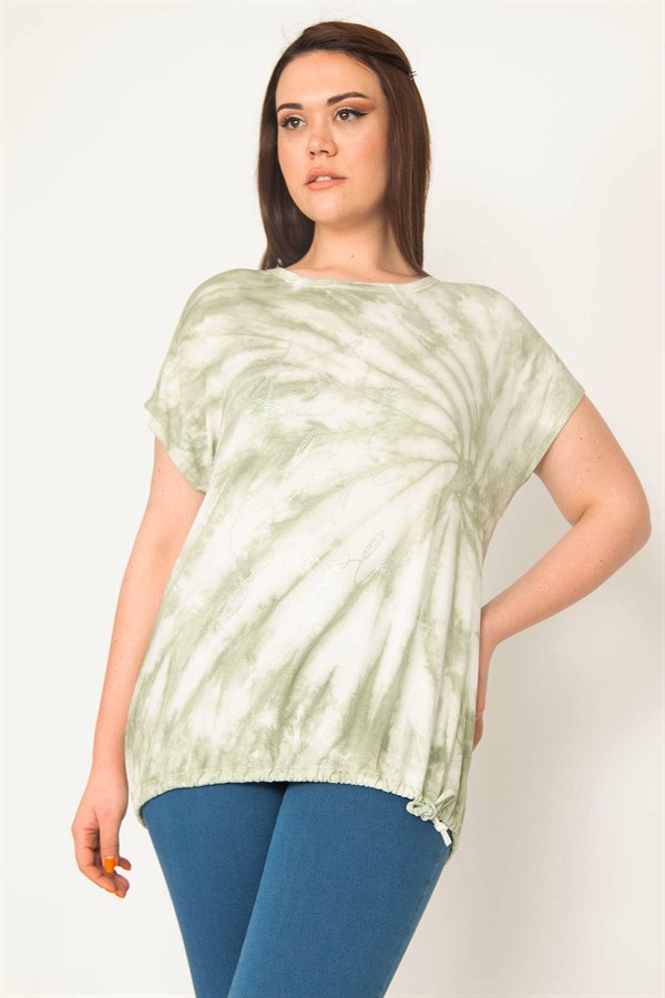 KADIN YEŞİL BATİK DESENLİ ÖNÜ TAŞ VE ETEK UCU BAĞCIK DETAYLI BLUZ