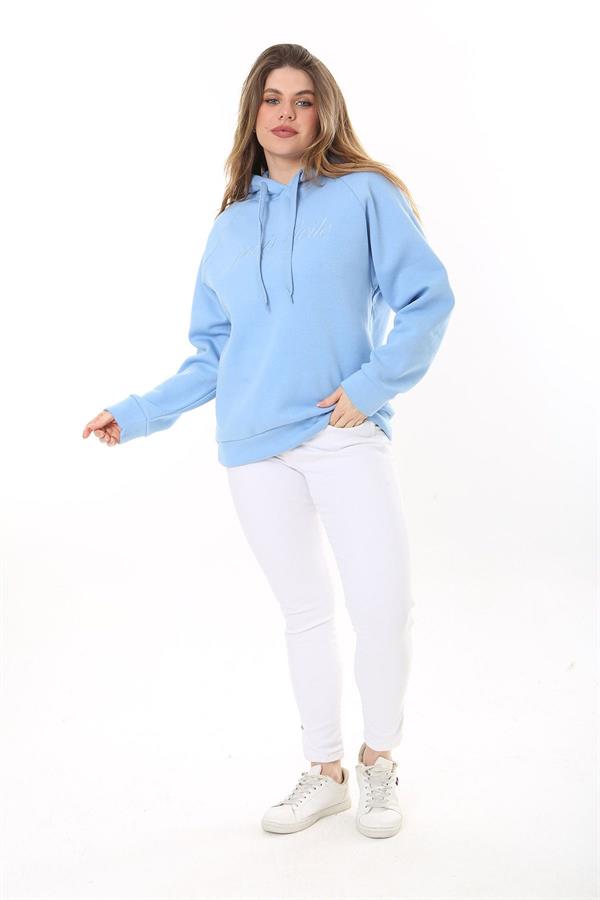 Kadın Büyük Beden Bebe Mavisi İçi Şardonlu 3 İplik Kumaş Kapşonlu Sweatshirt 65N37575