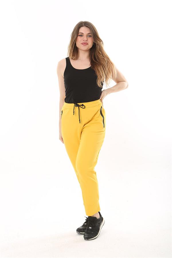Kadın Büyük Beden Sarı Kuşgözü Bağcık Ve Lastikli Fermuarlı Cep Detaylı Spor Pantolon 65N37567